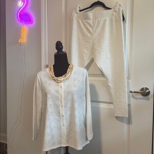 LOGO White Eyelet Button-Front Cardigan PLUS matching leggings. Never Worn.